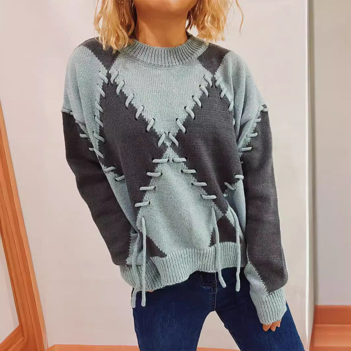 Damen gemütlicher Strickpullover mit auffälligem Design und modernen Schnürdetails Drune