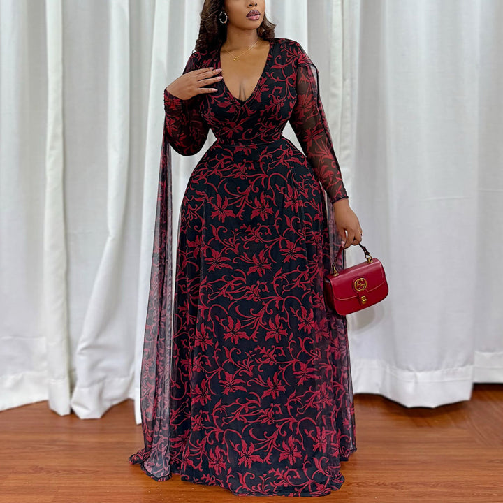 Damen Maxikleid mit floralem Transparentdesign und eleganten Ärmeln Drune