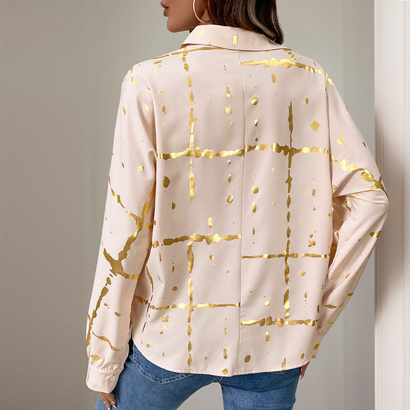 Damen lässige Bluse mit elegantem Goldmuster und lässigen langen Ärmeln Drune
