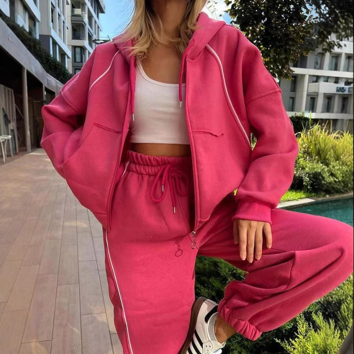 Damen nan kurzes Zip-Hoodie und Highwaist Jogginghose Set mit elastischem Komfortbund und seitlicher Paspel Drune