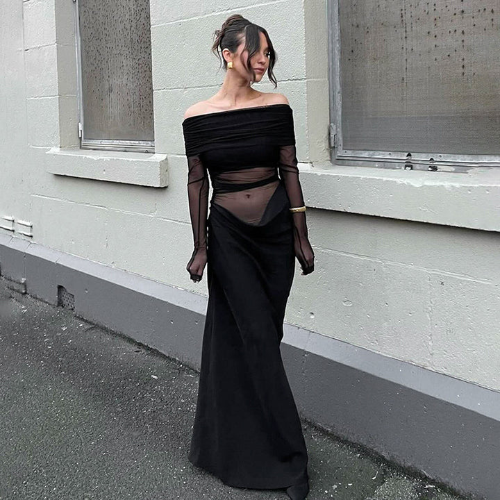 Damen Maxikleid mit schulterfreiem Design und fließendem Stoff Drune