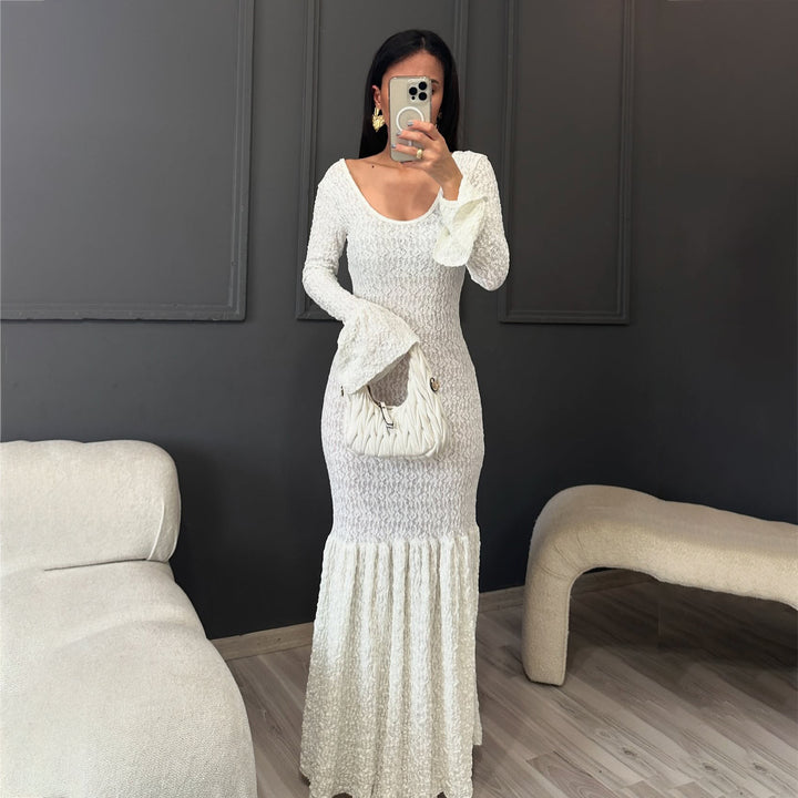 Damen Maxikleid mit raffiniertem Rüschensaum und angesagtem Strickdesign Drune