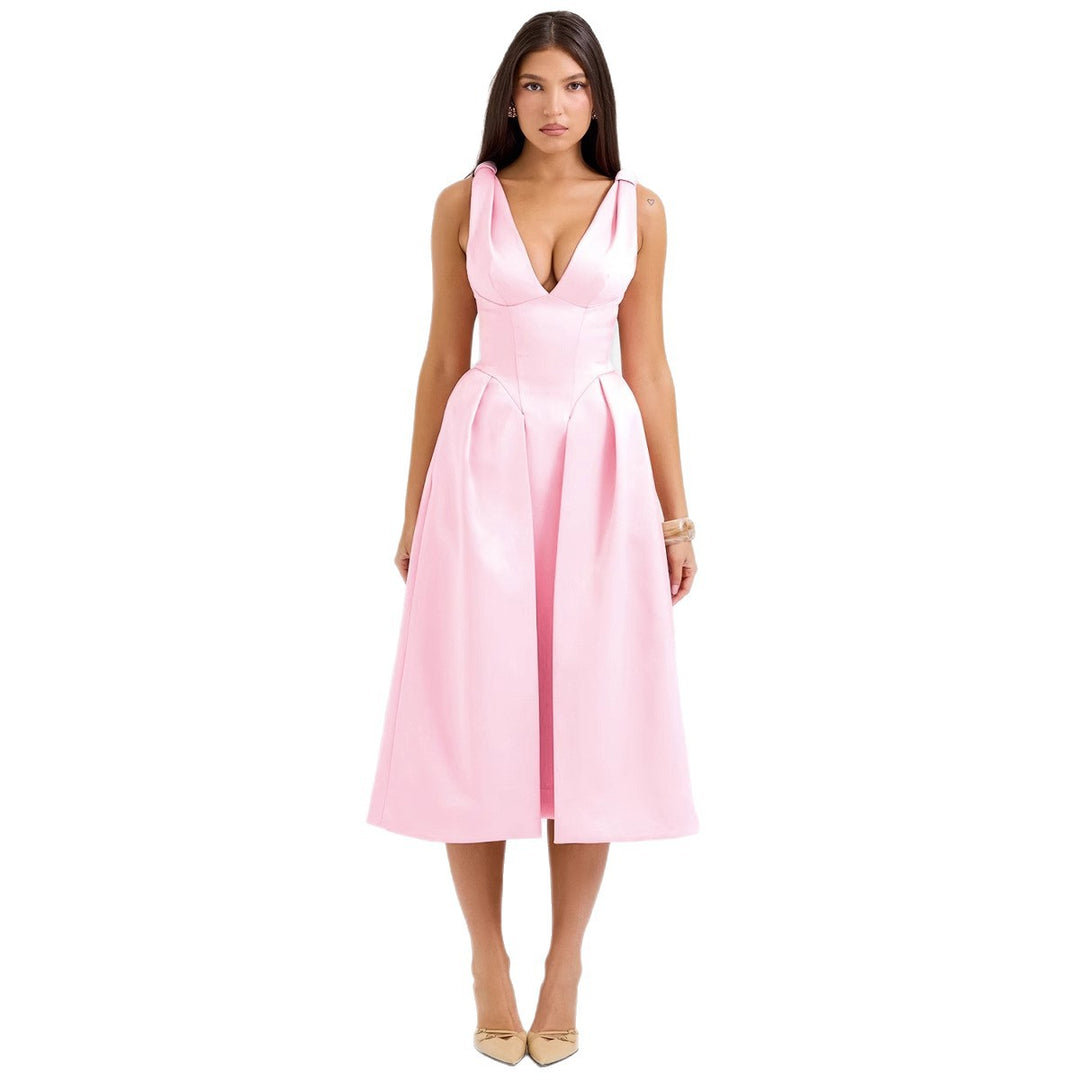 Damen Elegantes Midikleid mit traumhaftem V-Ausschnitt und eleganten Falten Drune