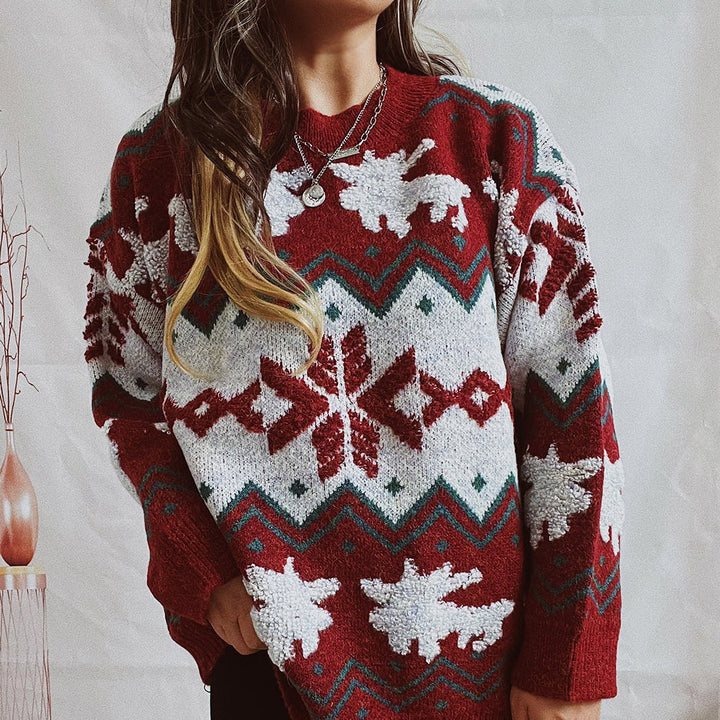 Damen festlicher Strickpullover mit weihnachtlichem Design und hohem Kragen Drune