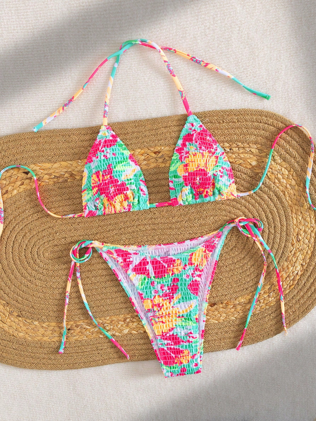 Damen Triangel-Bikini mit buntem Blumenmuster und verstellbarem Bindeband Drune