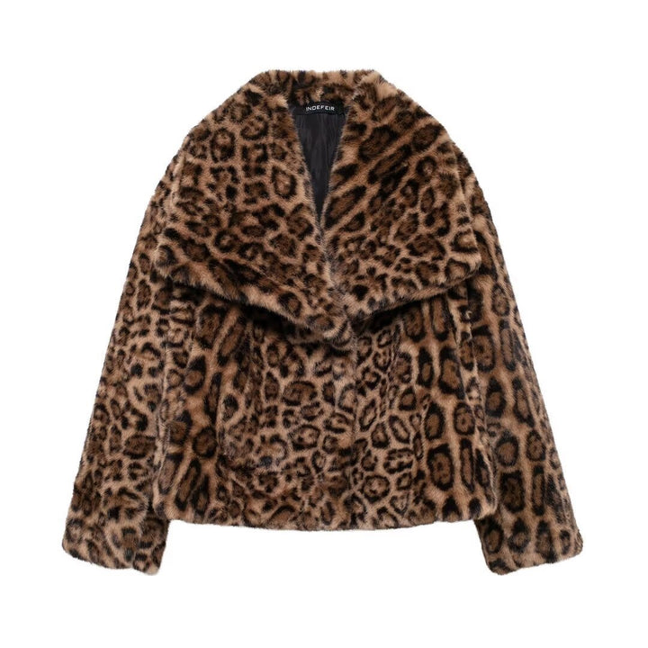 Damen nan kurze Kunstfelljacke mit Wildmuster, V-Ausschnitt und taillierter Silhouette Drune