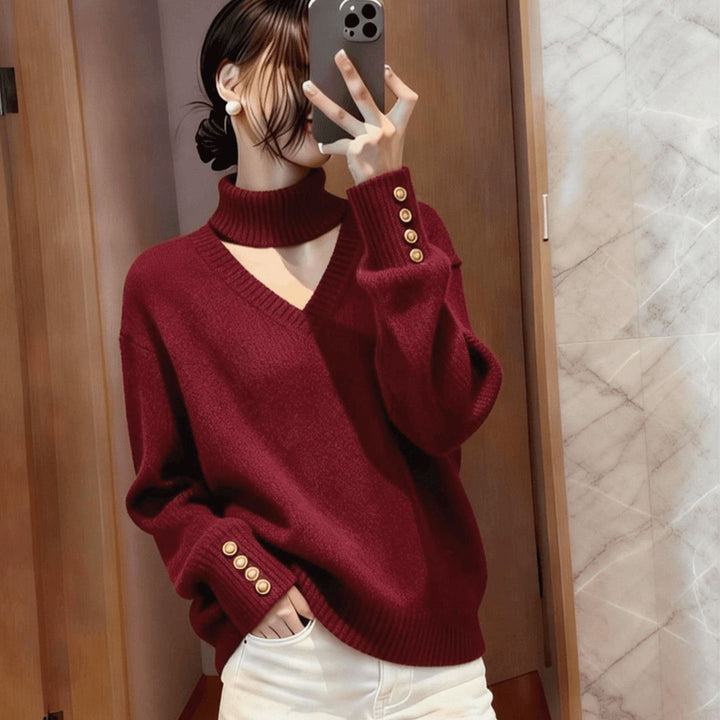 Damen Luxus Strickpullover mit Rollkragen und Knopfdetails Drune