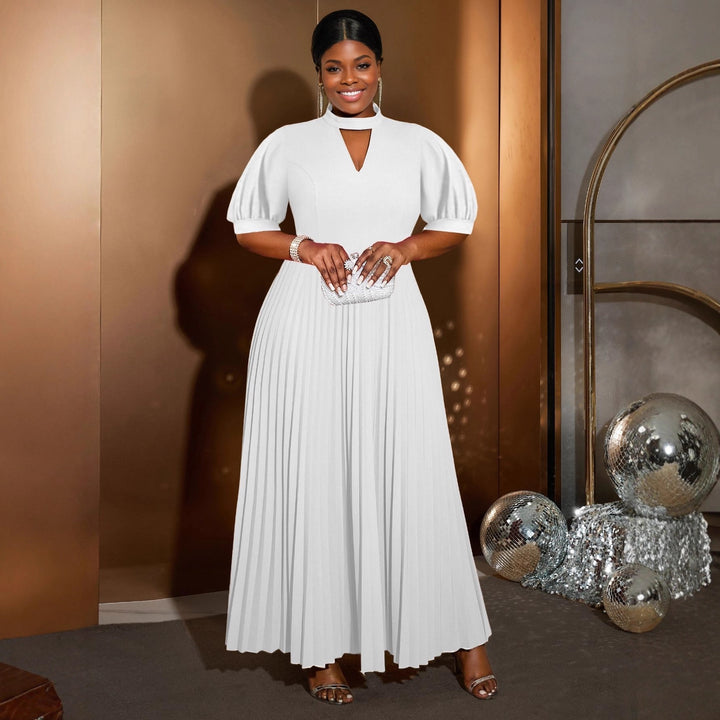 Damen Elegantes Maxikleid mit plissiertem Rock und Schlüsselausschnitt Drune