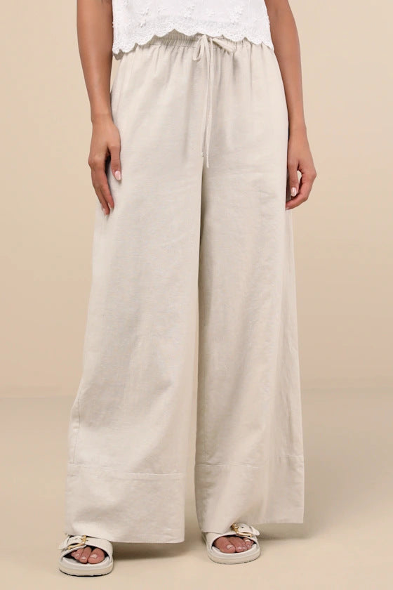 Damen Weite Leinenhose mit elastischem Bund und seitlichen Taschen Drune