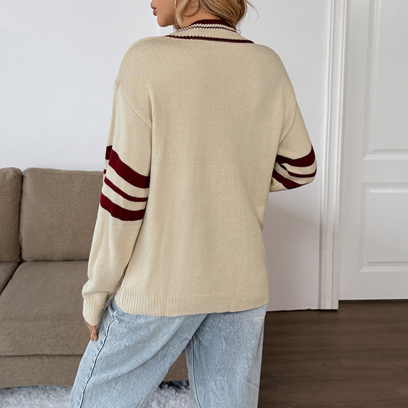 Damen lockerer Pullover mit V-Ausschnitt und Kontraststreifen Drune