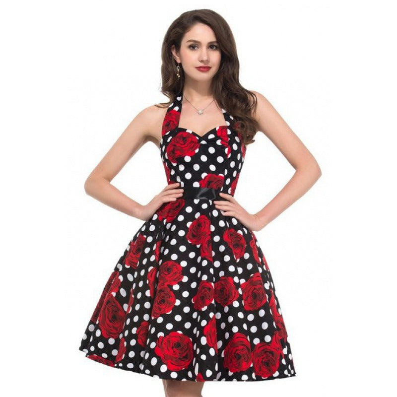 Damen Retro Swingkleid mit floralem Muster und Polka-Dots Drune