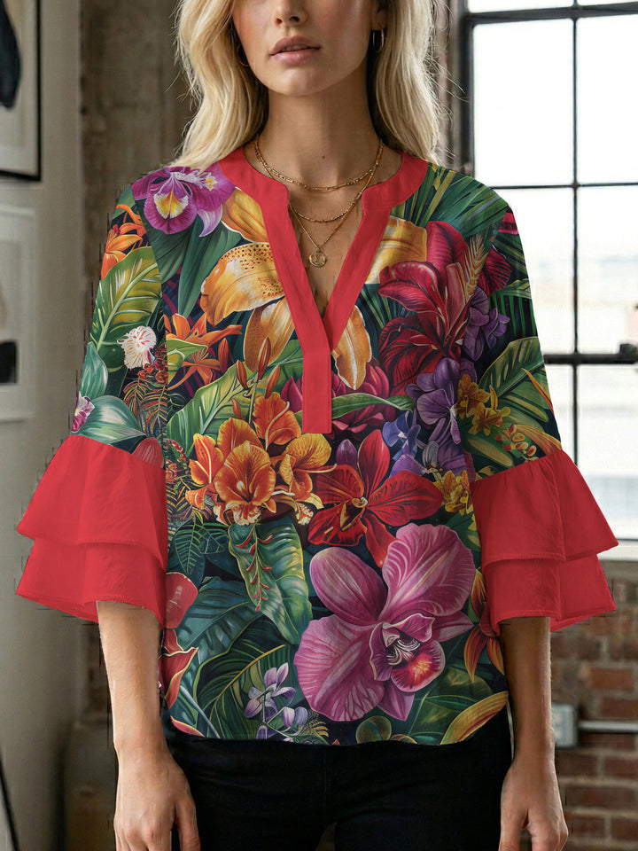 Damen Bluse mit voluminösen Rüschenärmeln und floralem Muster Drune