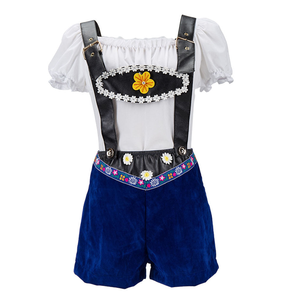 Damen nan verspieltes Latzshorts-Set mit Carmenbluse, verstellbaren Trägern und Blumenapplikation Drune