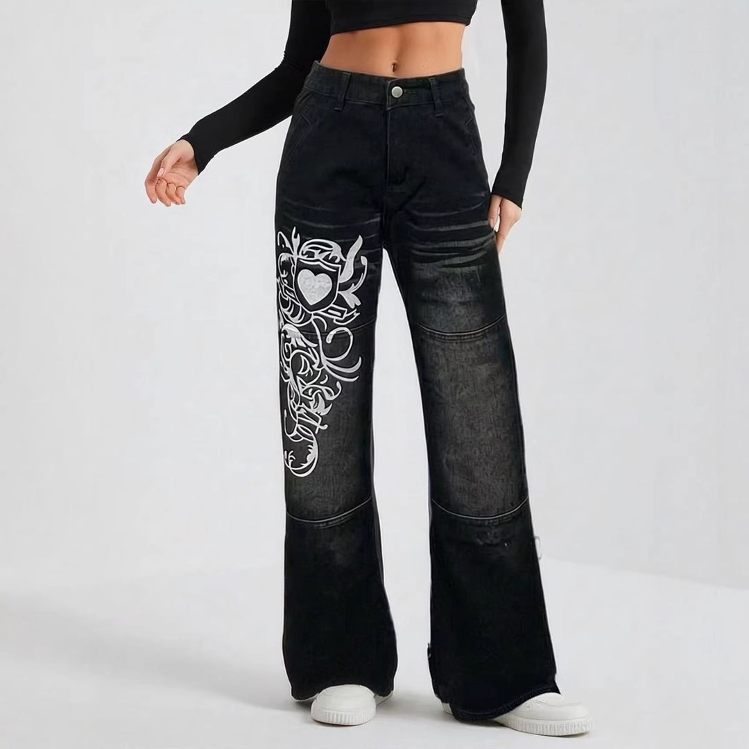 Damen weite Jeans mit kunstvollem Aufdruck Drune