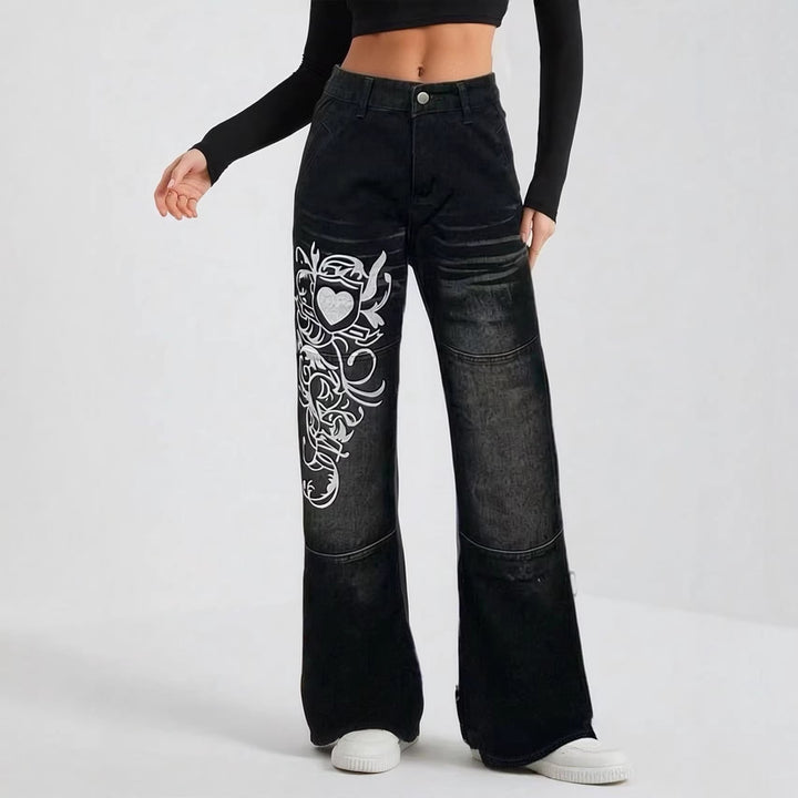 Damen weite Jeans mit kunstvollem Aufdruck Drune