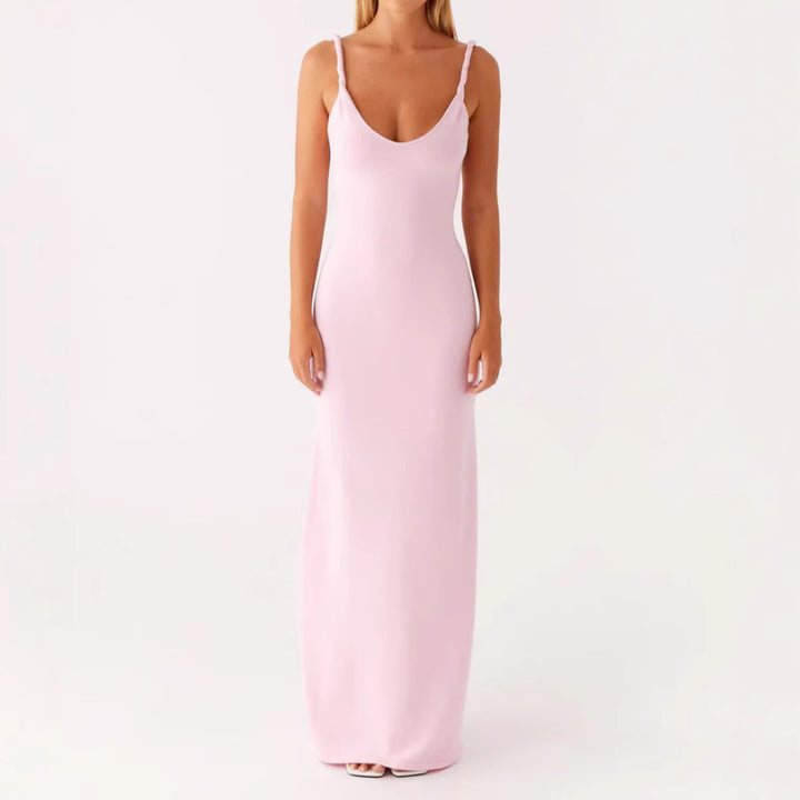 Damen Langarm-Maxikleid aus hochwertigem, elastischem Material mit tiefem V-Ausschnitt und eleganten Spaghetti-Trägern Drune
