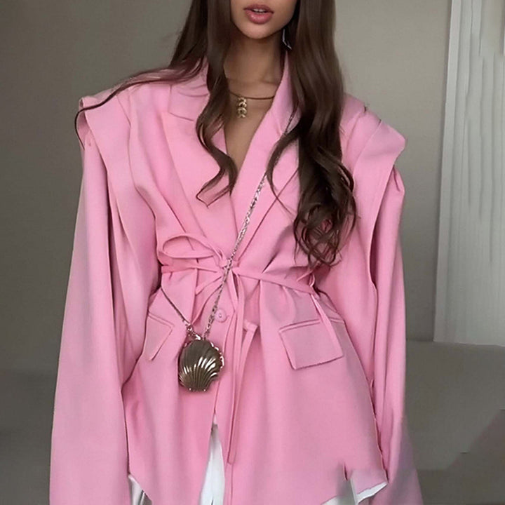 Damen nan taillierter Blazer mit Bindegürtel und Oversize-Ärmeln Drune