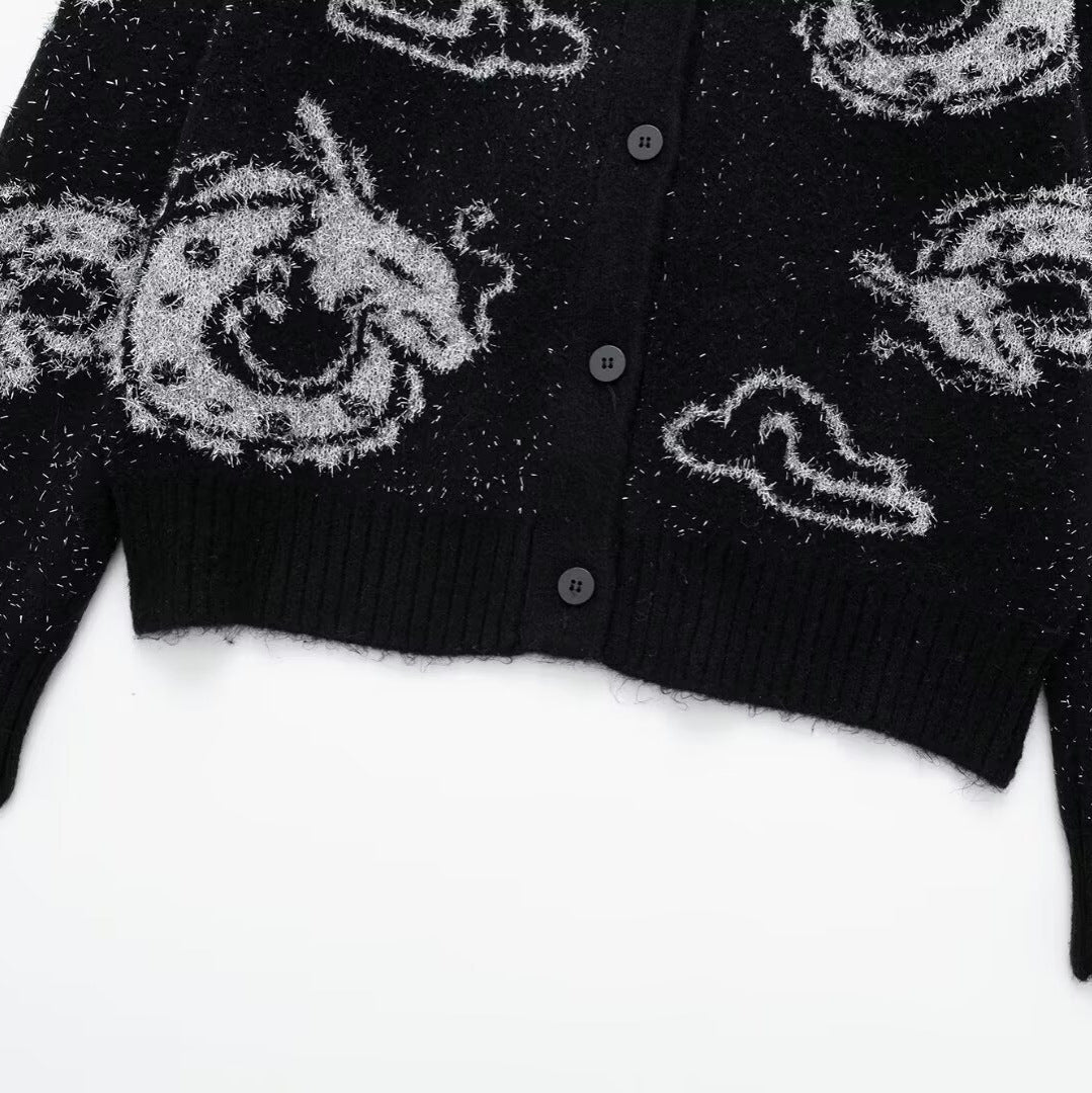 Damen Gemusterte Strickjacke mit Drachenmotiv und Knopfverschluss Drune