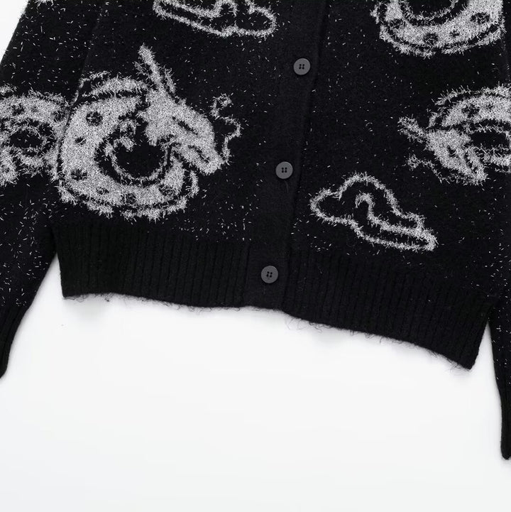 Damen Gemusterte Strickjacke mit Drachenmotiv und Knopfverschluss Drune