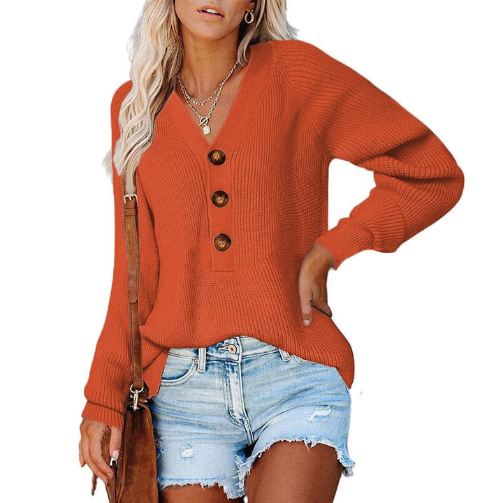 Damen V-Ausschnitt Pullover mit Holzknöpfen Drune
