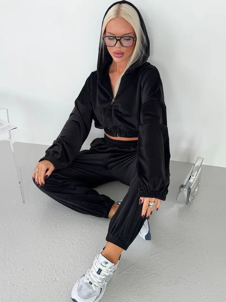 Damen Velours Freizeit-Set mit weichem Hoodie und bequemen Jogginghosen Drune