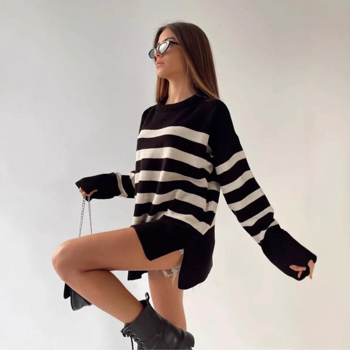 Damen Oversized Strickpullover mit modernem Streifenmuster und hohem Kragen Drune