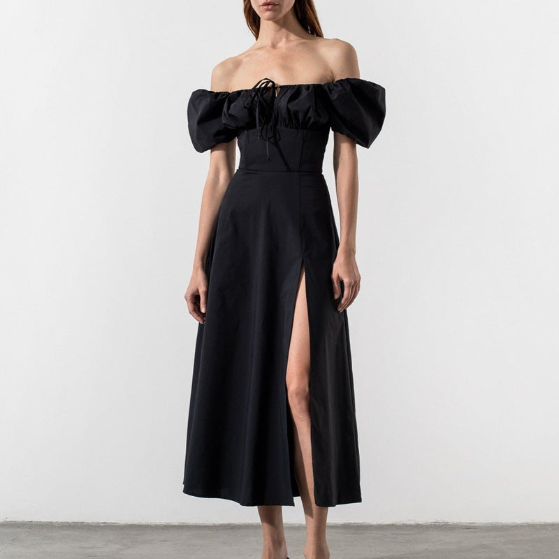 Damen Maxikleid mit schulterfreier Silhouette und raffinierten Puffärmeln Drune