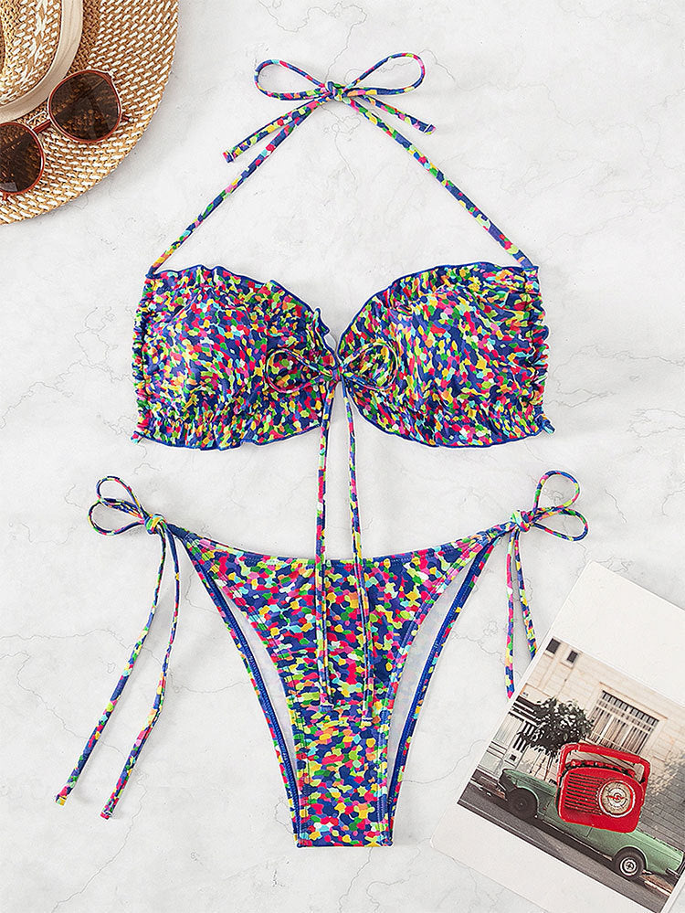 Damen Push-Up Bikini-Set mit verspieltem Muster und verstellbaren Trägern Drune