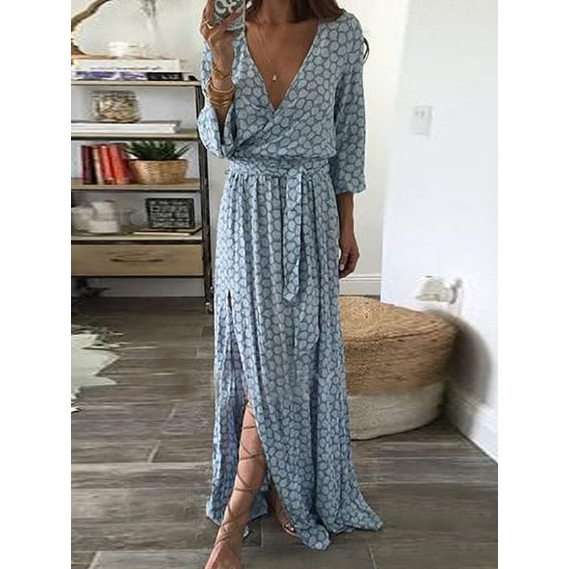 Damen Maxi-Wickelkleid mit tiefem V-Ausschnitt und seitlichem Schlitz Drune