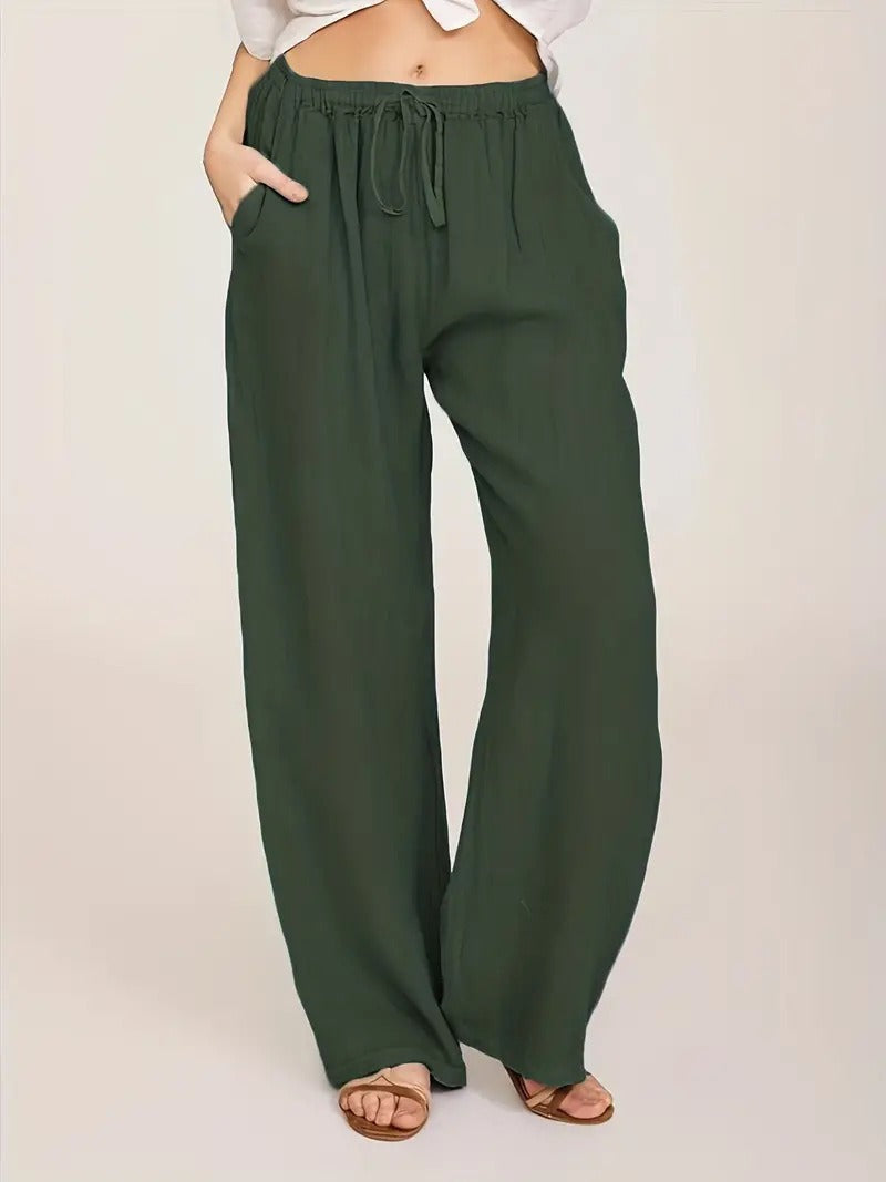 Damen Weite Leinenhose mit elastischem Taillenbund und seitlichen Eingrifftaschen Drune