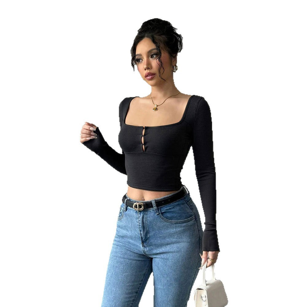 Damen Langarm-Crop-Top mit eleganter knopfverzierter Front Drune
