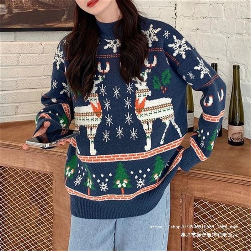 Damen Festlicher Pullover mit 3D-Rentier-Motiv und Hochkragen Drune