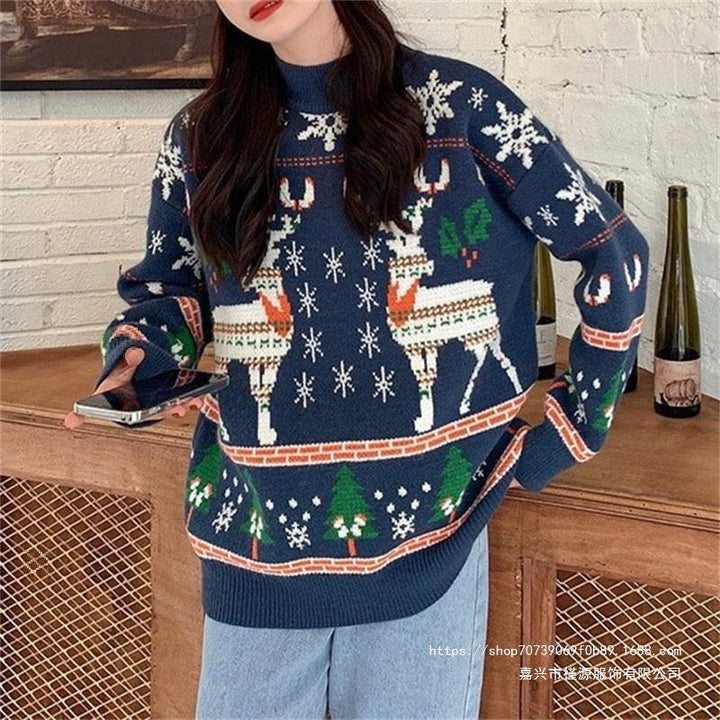 Damen Festlicher Pullover mit 3D-Rentier-Motiv und Hochkragen Drune