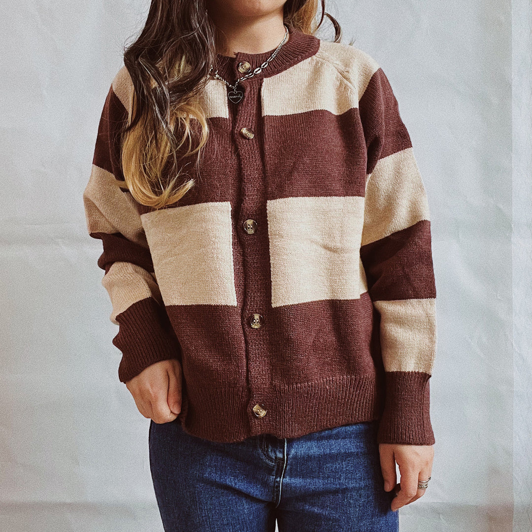 Damen lässige Strickjacke mit modischem Blockstreifenmuster und hochwertigen Knöpfen Drune