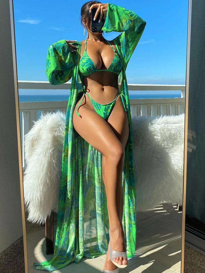 Damen Bikini-Set mit transparentem Kaftan und floralem Design Drune