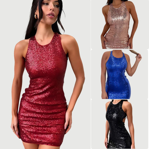 Damen Glitzerndes Minikleid mit schimmerndem Obermaterial und racerback Design Drune