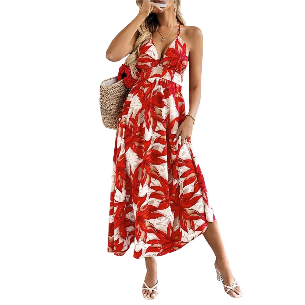 Damen Maxikleid mit floralem Muster und feinen Spaghettiträgern Drune