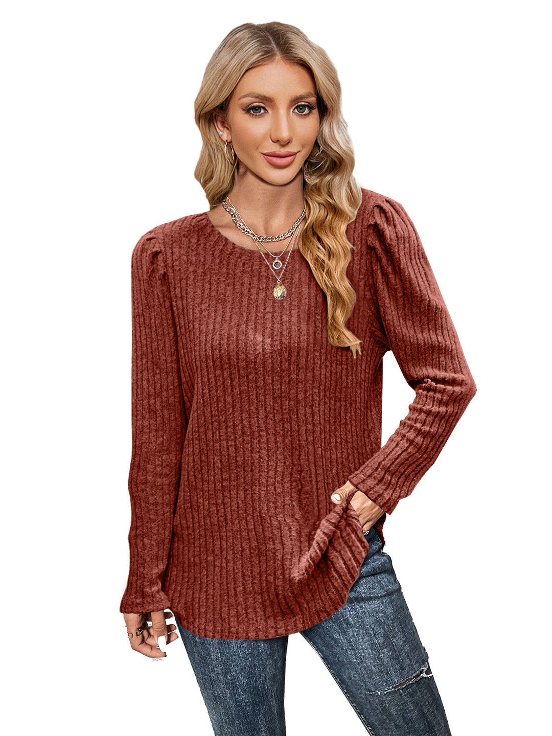 Damen Strickpullover mit Puffärmeln und feinem Rippenmuster Drune