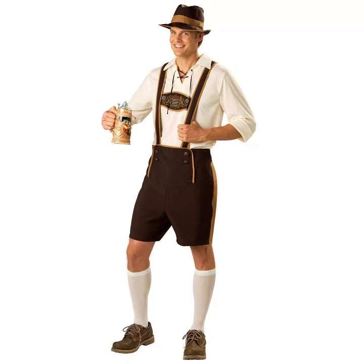 Herren nan kurze Trachtenlederhose mit verstellbaren Hosenträgern und besticktem Latz Drune