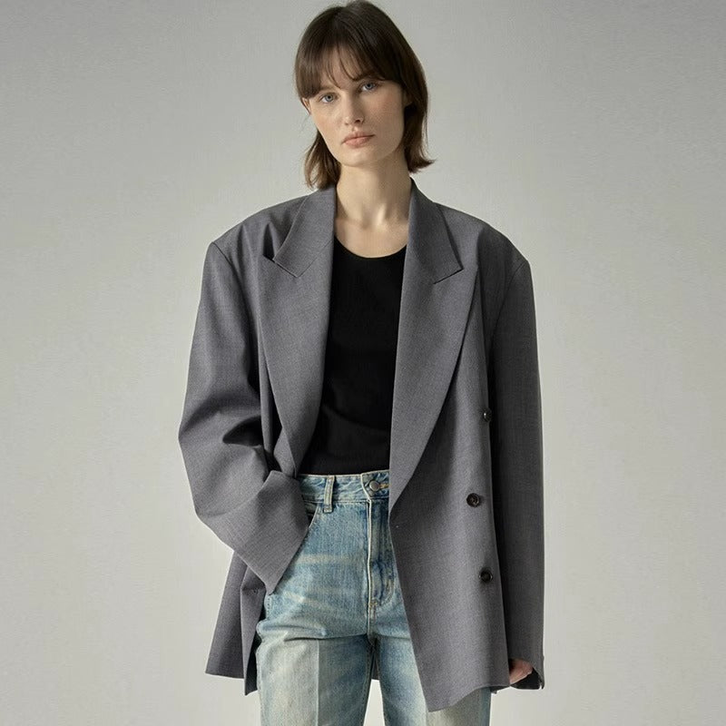 Damen Modischer ausgefallener Blazer mit doppelter Knopfreihe und oversized Schnitt Drune