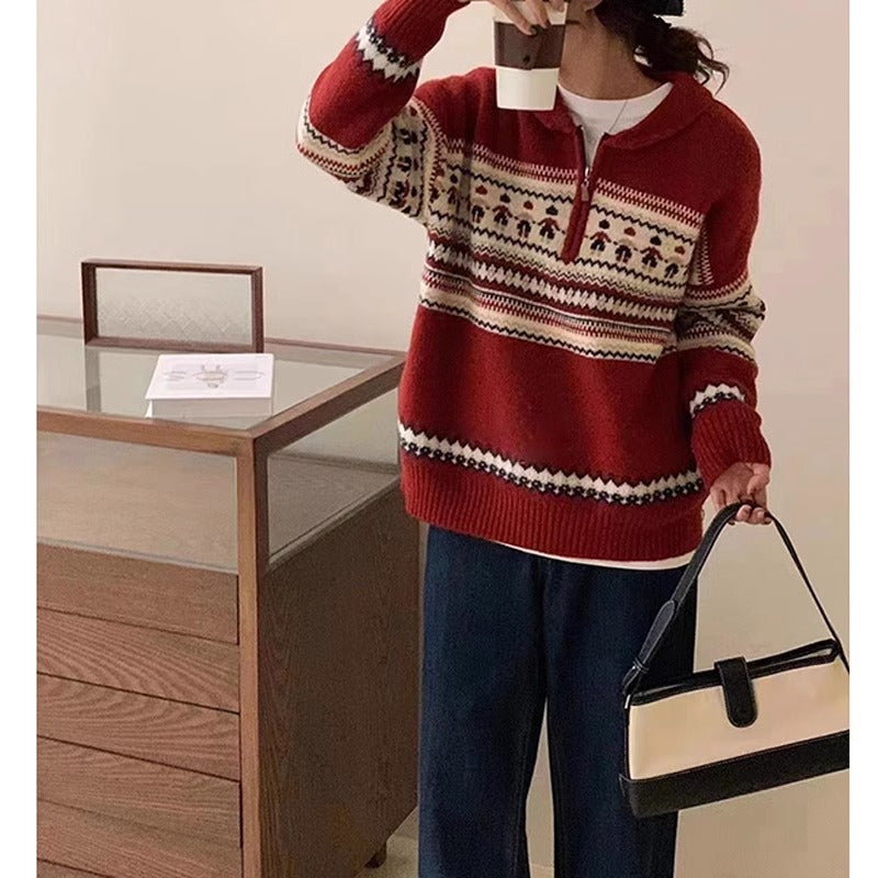 Damen Grobstrickpullover mit Kängurutasche und Stehkragen Drune