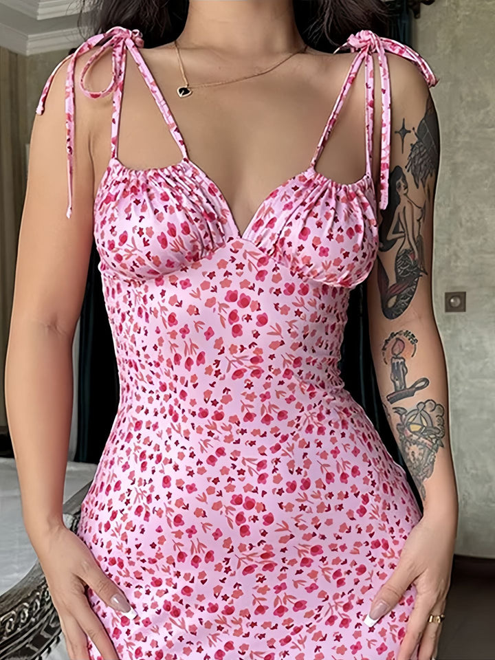 Damen Blumenmuster Maxikleid mit Figurbetontem Schnitt und Spaghetti-Trägern Drune