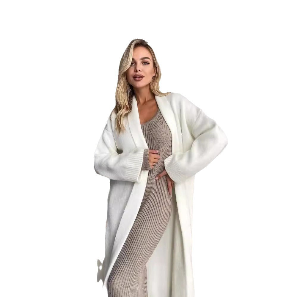 Damen Lange Strickjacke mit tiefem Kragen Drune