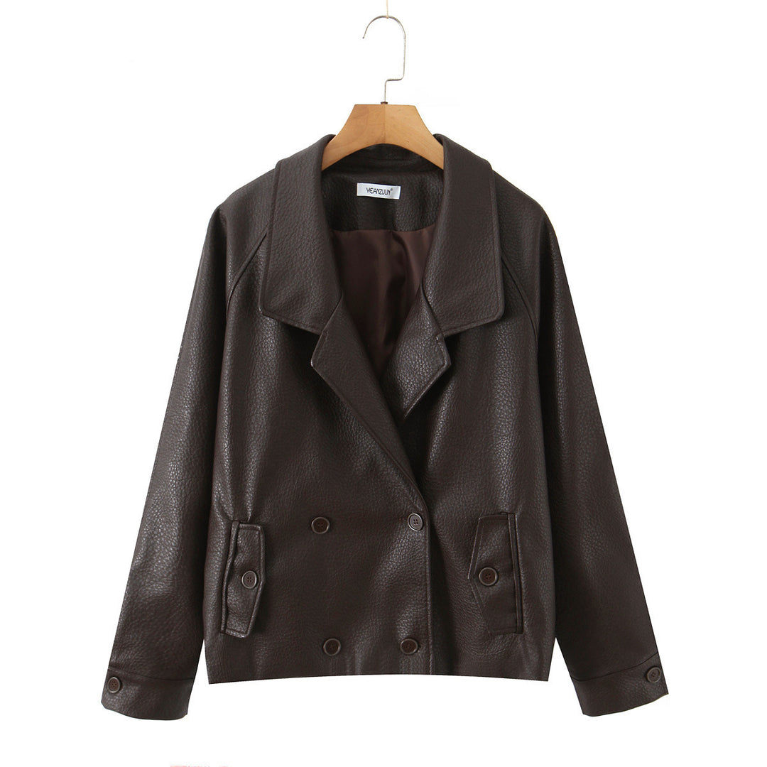 Damen modische Kunstlederjacke mit doppelter Knopfleiste und großem Revers Drune