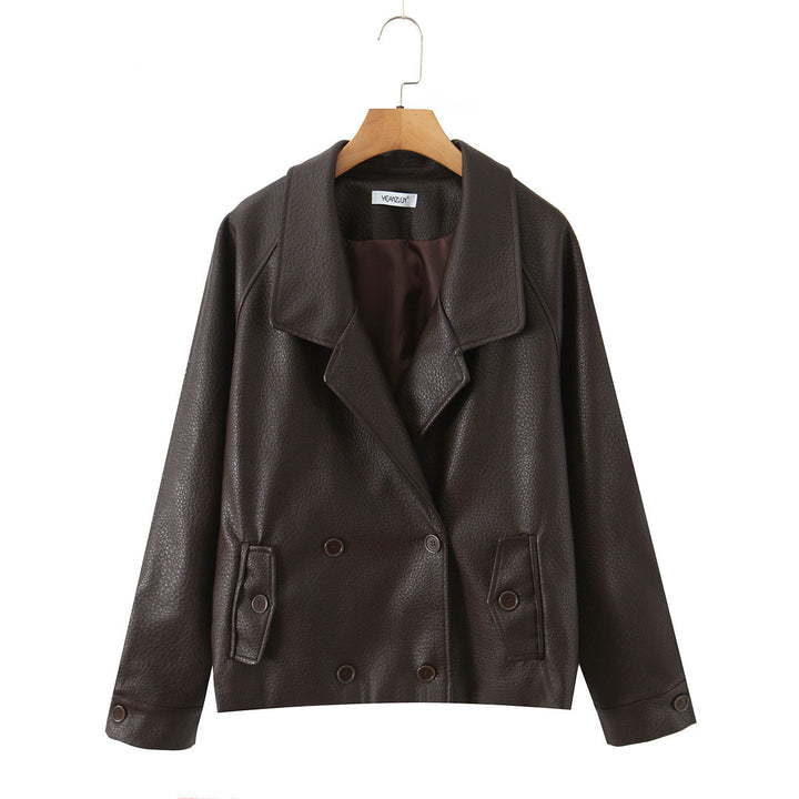 Damen modische Kunstlederjacke mit doppelter Knopfleiste und großem Revers Drune
