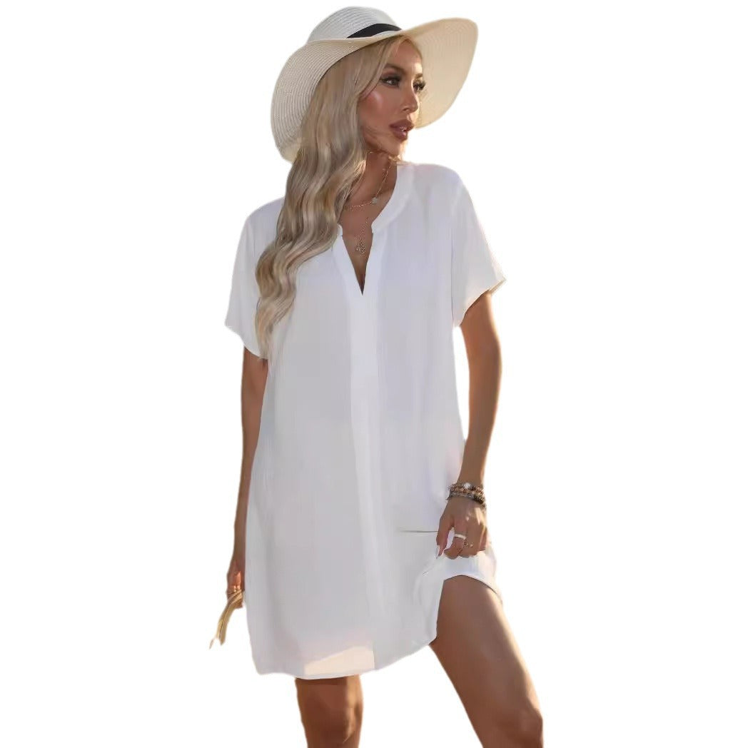 Damen lässiges V-Ausschnitt Tunika-Kleid mit kurzen Ärmeln und Knopfdetail Drune