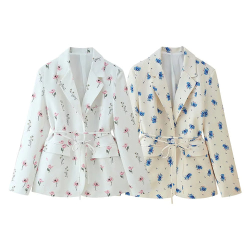 Damen elegante Blazerjacke mit floralem Muster und taillierbarem Gürtel Drune
