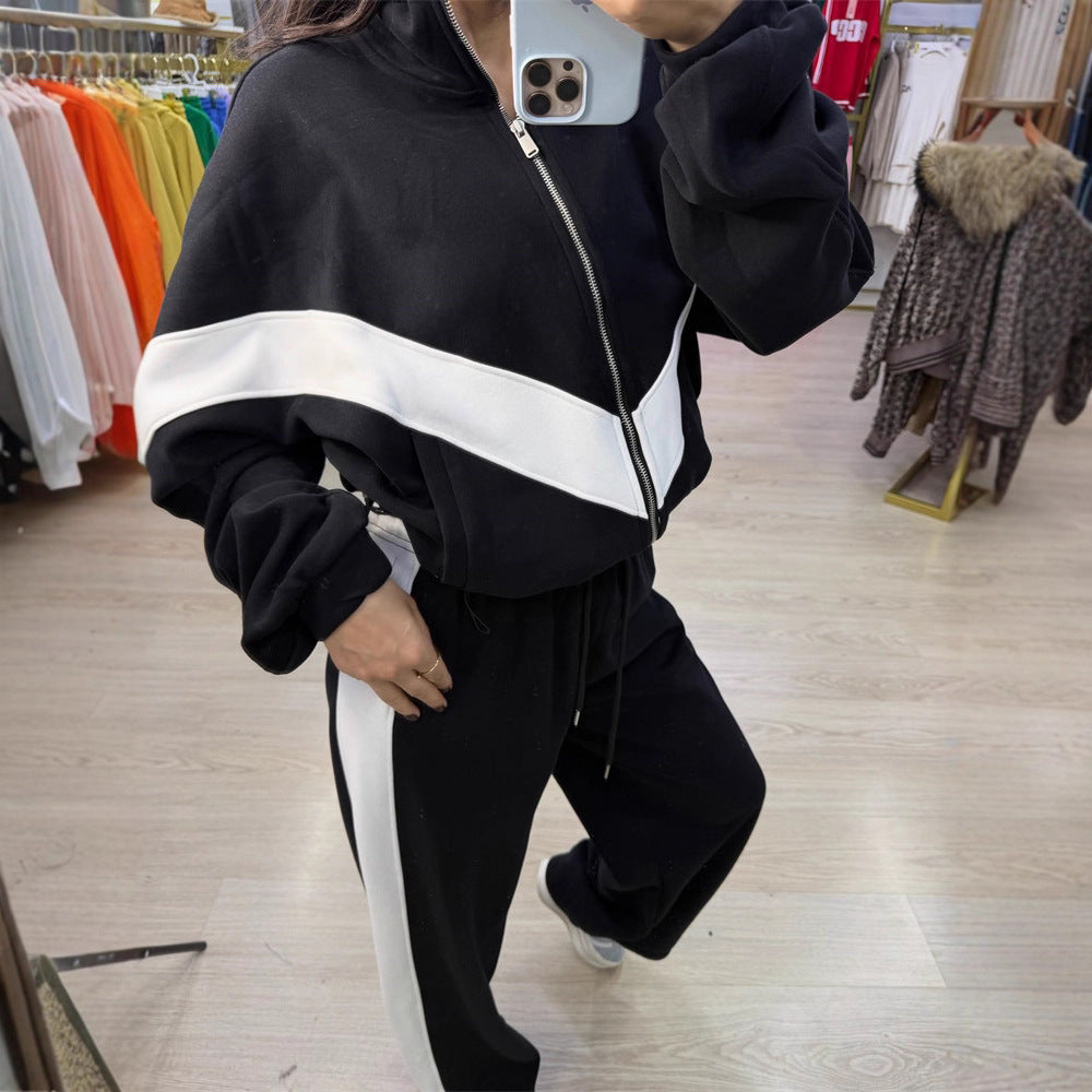 Damen Sportlicher Jogginganzug mit hohem Kragen und markanten Kontraststreifen Drune