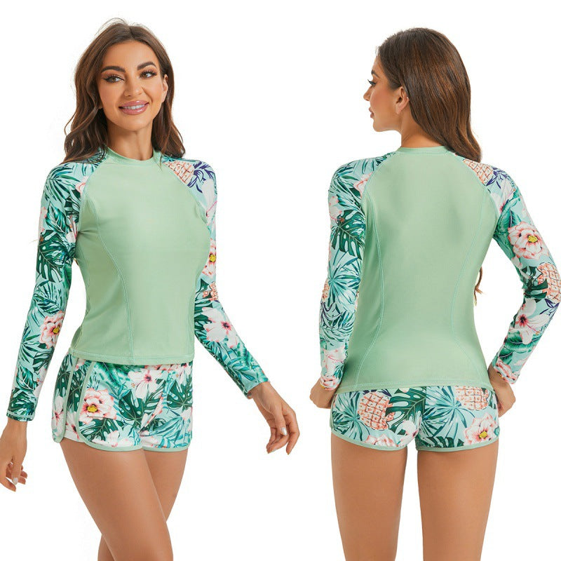 Damen Surfanzug-Set mit langärmeliger Oberteil und modischem Blumenmuster Drune