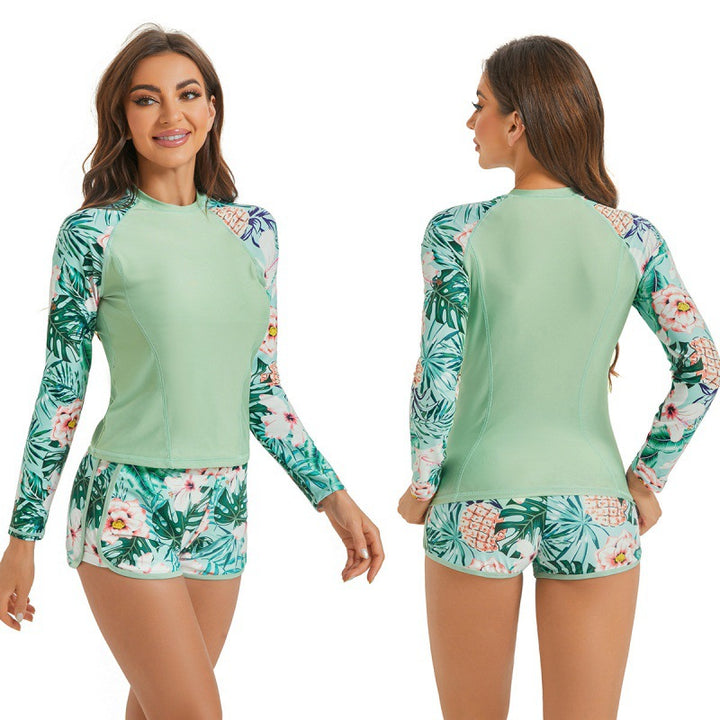Damen Surfanzug-Set mit langärmeliger Oberteil und modischem Blumenmuster Drune